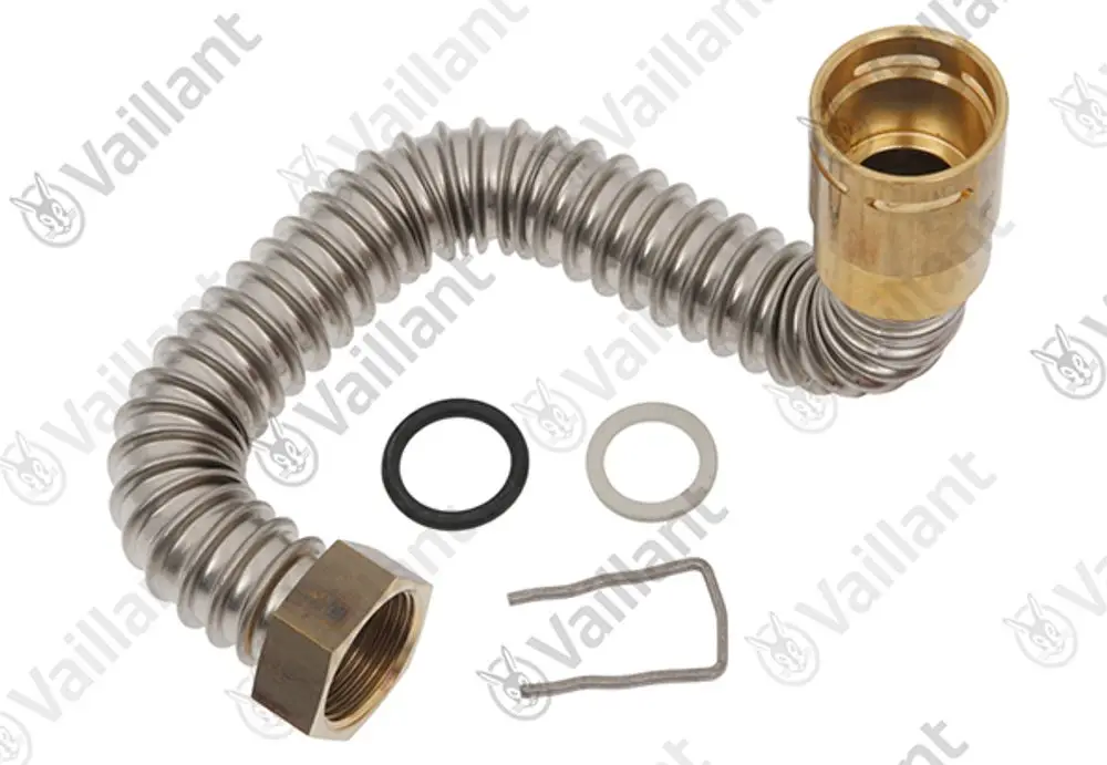 Flexibles Metallrohr von Vaillant mit Kupplung, O-Ringen und Halterungsteilen. Geeignet für Heizungs- oder Wasserversorgungssysteme.